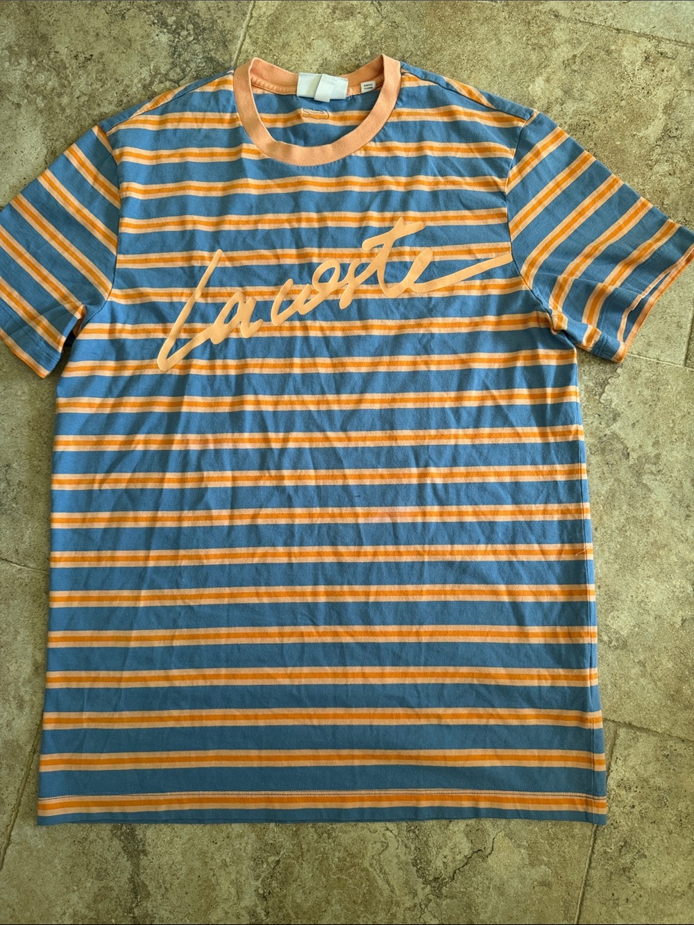 Lacoste Men's Striped Script Logo T-Shirt Blue/Orange Crewneck TH0456 medium